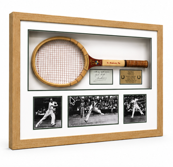 Fred Perry Hand Signed Autograph Framed Display with Vintage Tennis Racquet & COA