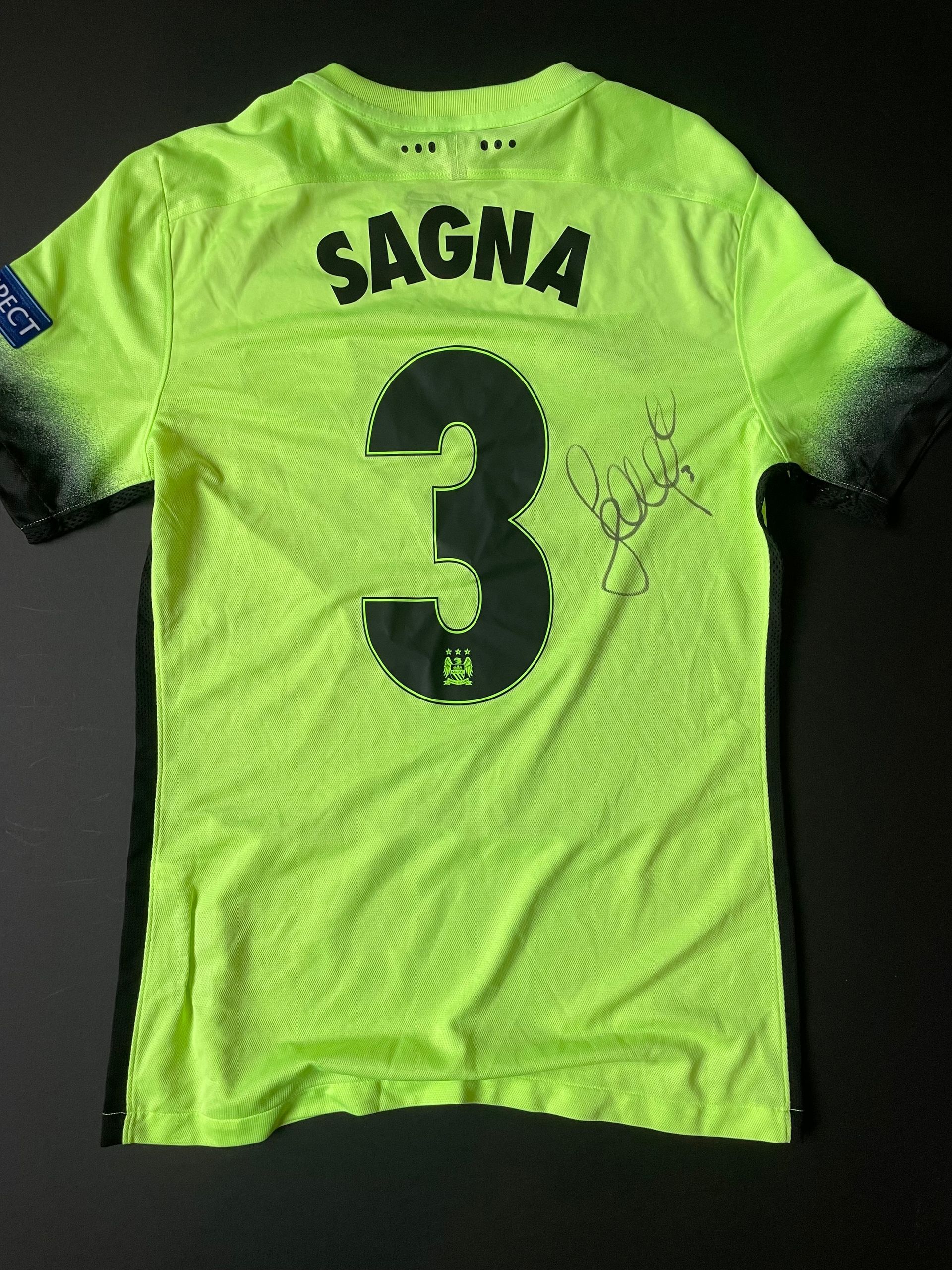 Bacary Sagna Match Issue and Signed Manchester City 2015-16 UEFA Champions League Away Shirt