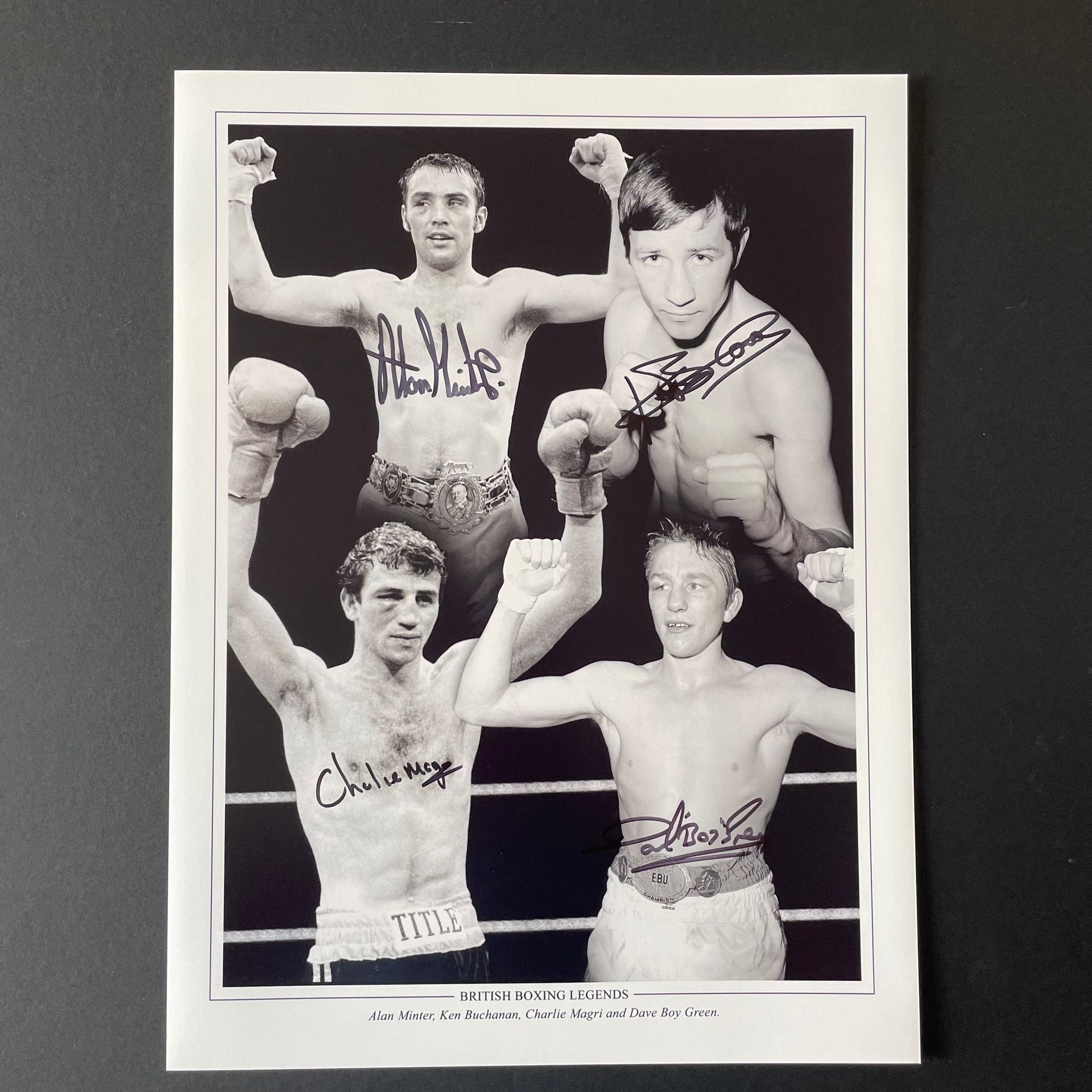 British Boxing Legends Multi-Signed Photo - Alan Minter, Ken Buchanan, Charlie Magri and Dave Boy Green.